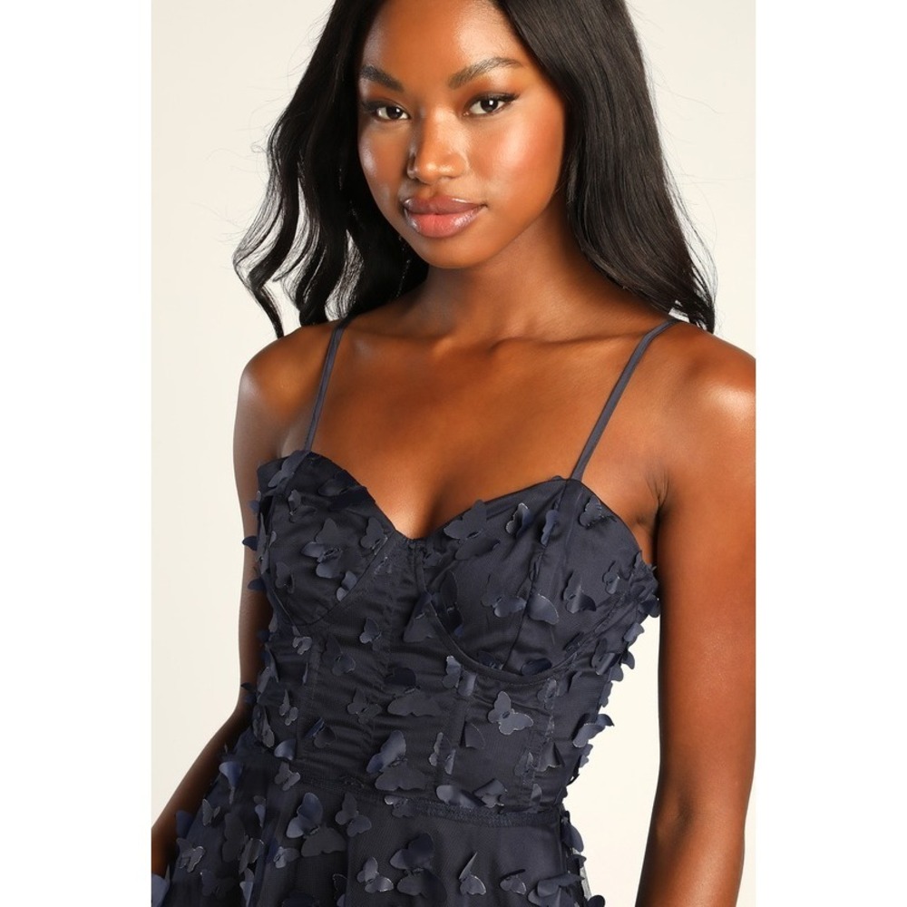 Lulus Time To Fly Navy Blue Butterfly Lace-up Midi Dress - Size M